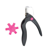 Black pet nail clipper with pink wheel on a white background