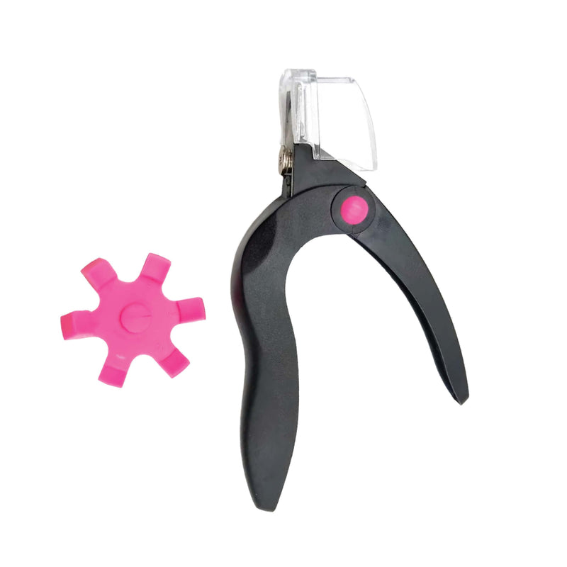 Black pet nail clipper with pink wheel on a white background